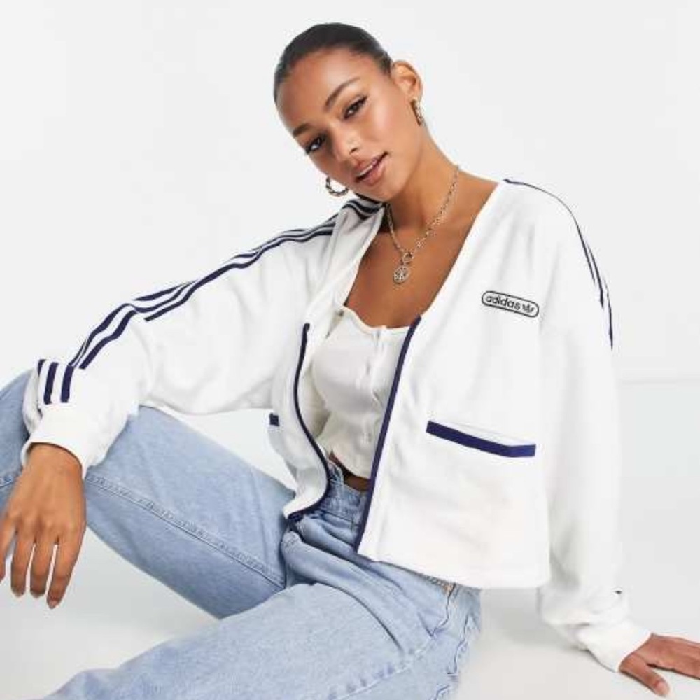 Adidas Cropped Terrycloth Zip Jacket White Blue 3-Stripes